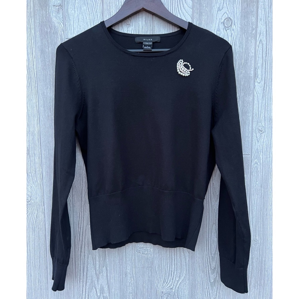 Silks Black Silk Sweater with Rhinestones and Pearls Size Large